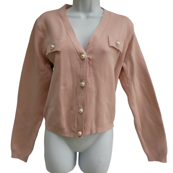 T Tahari Pink Knit Cardigan Pearlized Gold Rimmed Button Front L Librarian Large - Picture 3 of 9